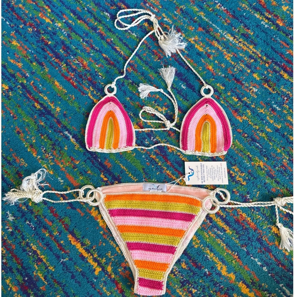 NWT My Beachy Side Bonbon Hand-Crochet Rainbow Bikini Set Womens Size S